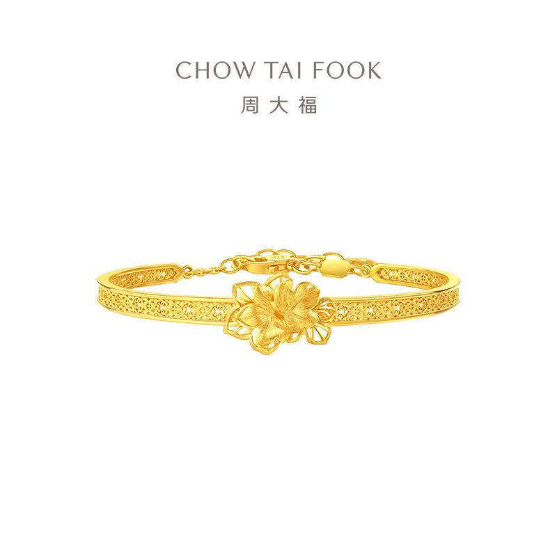 周大福 牵囍婚嫁三金梧桐叶大克重足金黄金手镯女计价（工费1080元）F234445