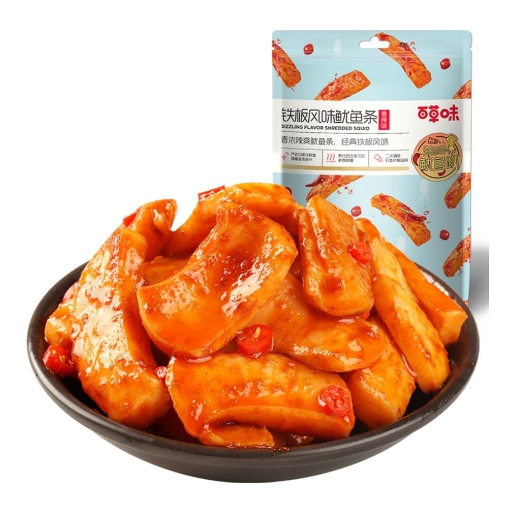 天猫 百草味铁板风味鱿鱼条香辣休闲零食海鲜鱿鱼海味零食小吃熟食 铁板风味鱿鱼条80g_香浓辣爽 .