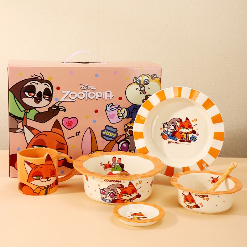 DISNEY 迪士尼卡通疯狂动物城狐狸餐具6件套礼盒 儿童碗马克杯家用陶瓷碗盘餐具组合