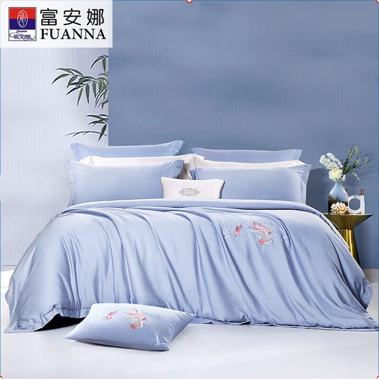 富安娜 家纺全棉四件套60S贡缎高支高密素绣床品套件双人加大 203*229cm 1.5米 相依·星辰引 积分兑换
